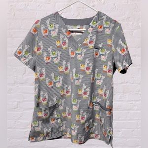 White Cross llama print gray scrub top sz medium